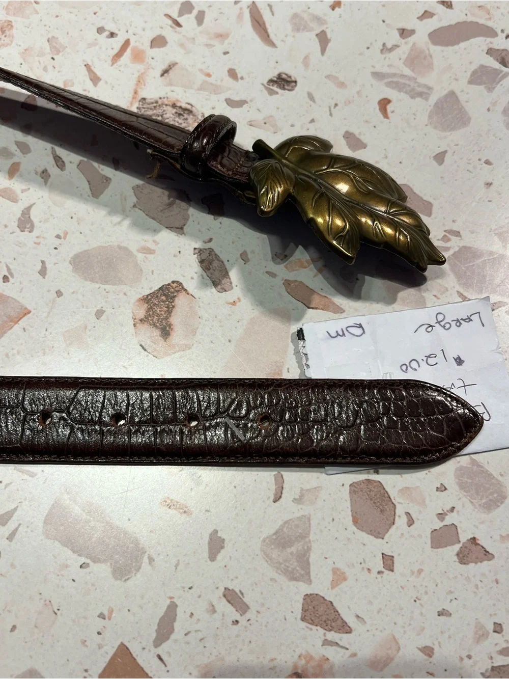 Talbots Dark Brown Croc-Embossed Leather Belt with Brass Leaf Buckle